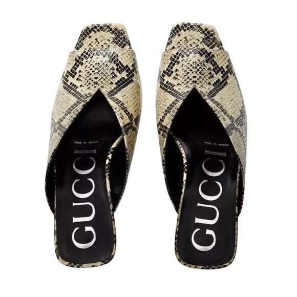 Gucci Python Beige Avana Peep Toe Slip On Heel Mules Sandal Size 37/ 7 NIB - Picture 2 of 11